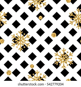 Christmas gold snowflake seamless pattern. Golden snowflakes on black and white rhombus background. Winter snow texture wallpaper. Symbol holiday, New Year celebration Vector illustration