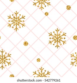 Christmas gold snowflake seamless pattern. Golden snowflakes on pink and white rhombus background. Winter snow texture wallpaper. Symbol holiday, New Year celebration Vector illustration