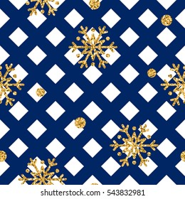 Christmas gold snowflake seamless pattern. Golden snowflakes on blue and white rhombus background. Winter snow texture wallpaper. Symbol holiday, New Year celebration Vector illustration