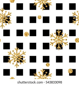 Christmas gold snowflake seamless pattern. Golden glitter snowflakes on black and white square background. Winter snow design wallpaper. Symbol holiday, New Year celebration Vector illustration
