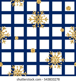 Christmas gold snowflake seamless pattern. Golden glitter snowflakes on blue and white square background. Winter snow design wallpaper. Symbol holiday, New Year celebration Vector illustration
