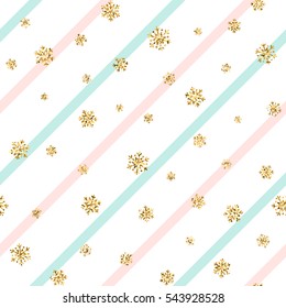 Christmas gold snowflake seamless pattern. Golden glitter snowflakes, pink blue white diagonal lines background Winter snow design wallpaper Symbol holiday, New Year celebration Vector illustration