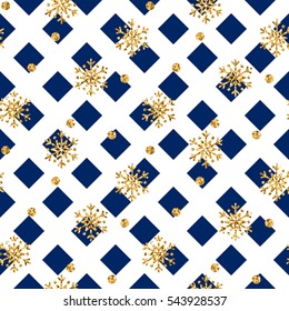 Christmas gold snowflake seamless pattern. Golden snowflakes on blue and white rhombus background. Winter snow texture wallpaper. Symbol holiday, New Year celebration Vector illustration