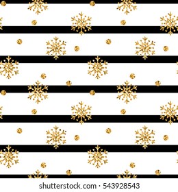 Christmas gold snowflake seamless pattern. Golden glitter snowflakes on black white lines background. Winter snow texture design wallpaper Symbol holiday, New Year celebration Vector illustration