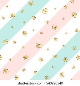 Christmas gold snowflake seamless pattern. Golden snowflakes on pink blue white diagonal lines background. Winter snow texture wallpaper. Symbol holiday, New Year celebration Vector illustration