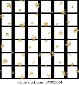 Christmas gold snowflake seamless pattern. Golden glitter snowflakes on black white square background. Winter snow design texture wallpaper Symbol holiday, New Year celebration Vector illustration