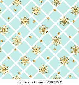 Christmas gold snowflake seamless pattern. Golden snowflakes on blue and white rhombus background. Winter snow texture wallpaper. Symbol holiday, New Year celebration Vector illustration