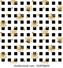 Christmas gold snowflake seamless pattern. Golden glitter snowflakes on black white square background. Winter snow design texture wallpaper Symbol holiday, New Year celebration Vector illustration