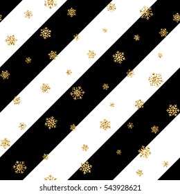 Christmas gold snowflake seamless pattern. Golden snowflakes on black and white diagonal lines background. Winter snow texture wallpaper. Symbol holiday, New Year celebration Vector illustration
