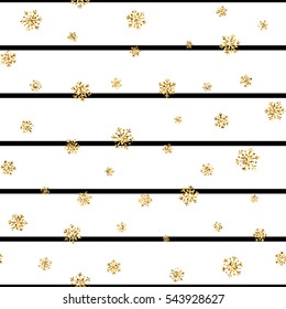 Christmas gold snowflake seamless pattern. Golden glitter snowflakes on black white lines background. Winter snow texture design wallpaper Symbol holiday, New Year celebration Vector illustration