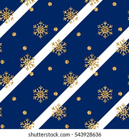 Christmas gold snowflake seamless pattern. Golden glitter snowflakes on blue white diagonal lines background. Winter snow design wallpaper Symbol holiday, New Year celebration Vector illustration
