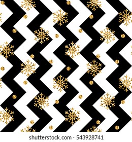 Christmas gold snowflake seamless pattern. Golden glitter snowflakes on black and white zig zag background. Winter snow design wallpaper. Symbol holiday, New Year celebration Vector illustration