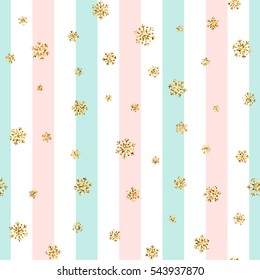 Christmas gold snowflake seamless pattern. Golden glitter snowflakes on blue pink white line background. Winter snow texture design wallpaper Symbol holiday New Year celebration Vector illustration