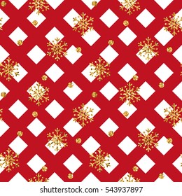 Christmas gold snowflake seamless pattern. Golden snowflakes on red and white rhombus background. Winter snow texture wallpaper. Symbol holiday, New Year celebration Vector illustration