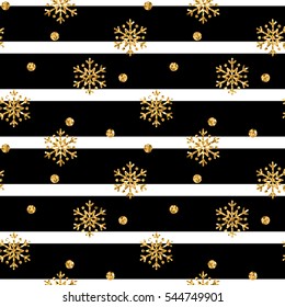 Christmas gold snowflake seamless pattern. Golden glitter snowflakes on black white lines background. Winter snow texture design wallpaper Symbol holiday, New Year celebration Vector illustration