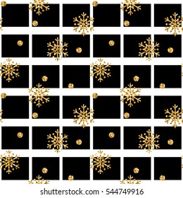 Christmas gold snowflake seamless pattern. Golden glitter snowflakes on black white square background. Winter snow design texture wallpaper Symbol holiday, New Year celebration Vector illustration