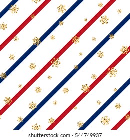Christmas gold snowflake seamless pattern. Golden snowflakes on red blue white diagonal lines background. Winter snow texture wallpaper. Symbol holiday, New Year celebration Vector illustration