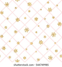 Christmas gold snowflake seamless pattern. Golden snowflakes on pink and white rhombus background. Winter snow texture wallpaper. Symbol holiday, New Year celebration Vector illustration