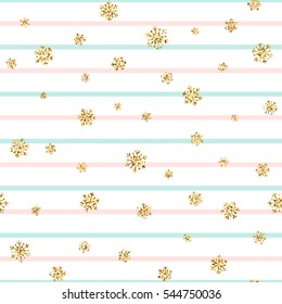 Christmas gold snowflake seamless pattern. Golden glitter snowflakes on blue pink white line background. Winter snow texture design wallpaper Symbol holiday New Year celebration Vector illustration