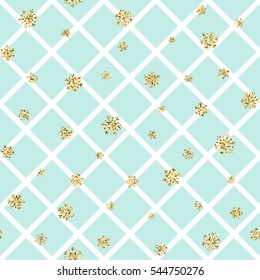 Christmas gold snowflake seamless pattern. Golden snowflakes on blue and white rhombus background. Winter snow texture wallpaper. Symbol holiday, New Year celebration Vector illustration