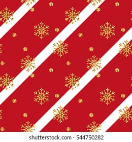 Christmas gold snowflake seamless pattern. Golden snowflakes on red and white diagonal lines background. Winter snow texture wallpaper. Symbol holiday, New Year celebration Vector illustration