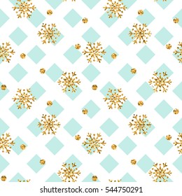 Christmas gold snowflake seamless pattern. Golden snowflakes on blue and white rhombus background. Winter snow texture wallpaper. Symbol holiday, New Year celebration Vector illustration