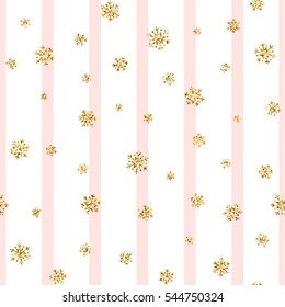 Christmas gold snowflake seamless pattern. Golden glitter snowflakes on pink white lines background. Winter snow texture design wallpaper Symbol holiday, New Year celebration Vector illustration