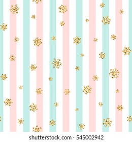 Christmas gold snowflake seamless pattern. Golden glitter snowflakes on blue pink white line background. Winter snow texture design wallpaper Symbol holiday New Year celebration Vector illustration