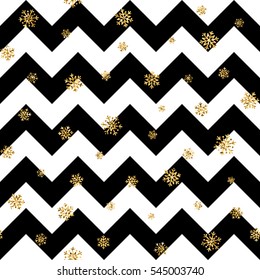 Christmas gold snowflake seamless pattern. Golden glitter snowflakes on black and white zig zag background. Winter snow design wallpaper. Symbol holiday, New Year celebration Vector illustration