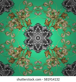 Christmas gold snowflake seamless pattern. Golden snowflakes on green background. Winter snow texture wallpaper. Symbol holiday, New Year celebration vector golden pattern with golden elements.