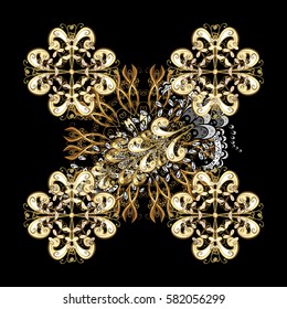 Christmas gold snowflake seamless pattern. Winter snow texture wallpaper. Symbol holiday, New Year celebration vector golden pattern with golden elements. Golden snowflakes on black background.
