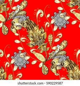 Christmas gold snowflake seamless pattern. Golden snowflakes on red background. Winter snow texture wallpaper. Symbol holiday, New Year celebration vector golden pattern with golden elements.