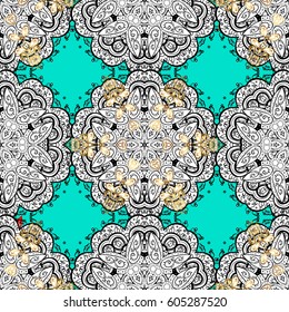 Christmas gold snowflake seamless pattern. Winter snow texture wallpaper. Golden snowflakes on blue background.