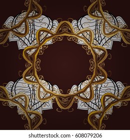 Christmas gold snowflake seamless pattern. Golden snowflakes on brown background. Winter snow texture wallpaper. Symbol holiday, New Year celebration vector golden pattern with golden elements.