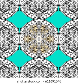 Christmas gold snowflake seamless pattern. Winter snow texture wallpaper. Symbol holiday, New Year celebration vector golden pattern with golden elements. Golden snowflakes on blue background.