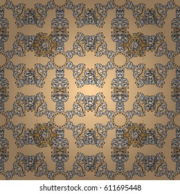 Christmas gold snowflake seamless pattern. Golden snowflakes on beige background. Winter snow texture wallpaper. Symbol holiday, New Year celebration vector golden pattern with golden elements.