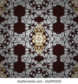 Christmas gold snowflake seamless pattern. Winter snow texture wallpaper. Symbol holiday, New Year celebration vector golden pattern with golden elements. Golden snowflakes on brown background.