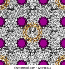 Christmas gold snowflake seamless pattern. Winter snow texture wallpaper. Symbol holiday, New Year celebration vector golden pattern with golden elements. Golden snowflakes on magenta background.