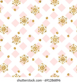 Christmas gold snowflake seamless pattern. Golden snowflakes on pink and white rhombus background. Winter snow texture wallpaper. Symbol holiday, New Year celebration Vector illustration