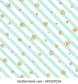 Christmas gold snowflake seamless pattern. Golden snowflakes on blue and white diagonal lines background. Winter snow texture wallpaper. Symbol holiday, New Year celebration. Vector illustration