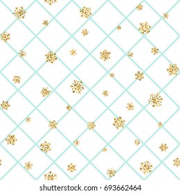 Christmas gold snowflake seamless pattern. Golden snowflakes on blue and white rhombus background. Winter snow texture wallpaper. Symbol holiday, New Year celebration Vector illustration
