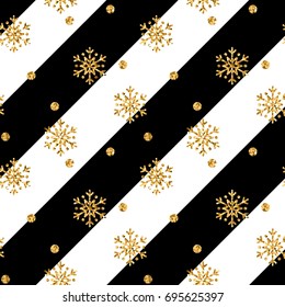 Christmas gold snowflake seamless pattern. Golden glitter snowflakes on black white diagonal lines background. Winter snow design wallpaper Symbol holiday, New Year celebration Vector illustration