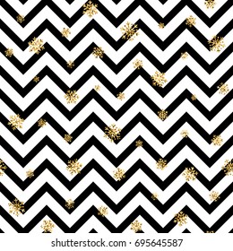Christmas gold snowflake seamless pattern. Golden glitter snowflakes on black and white zig zag background. Winter snow design wallpaper. Symbol holiday, New Year celebration Vector illustration