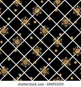Christmas gold snowflake seamless pattern. Golden snowflakes on black and white rhombus background. Winter snow texture wallpaper. Symbol holiday, New Year celebration Vector illustration