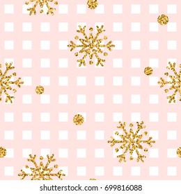 Christmas gold snowflake seamless pattern. Golden glitter snowflakes on pink and white square background. Winter snow design wallpaper. Symbol holiday, New Year celebration Vector illustration