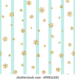 Christmas gold snowflake seamless pattern. Golden glitter snowflakes on blue white lines background. Winter snow texture design wallpaper Symbol holiday, New Year celebration Vector illustration