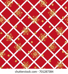 Christmas gold snowflake seamless pattern. Golden snowflakes on red and white rhombus background. Winter snow texture wallpaper. Symbol holiday, New Year celebration Vector illustration
