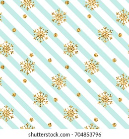 Christmas gold snowflake seamless pattern. Golden glitter snowflakes on blue white diagonal lines background. Winter snow design wallpaper Symbol holiday, New Year celebration Vector illustration