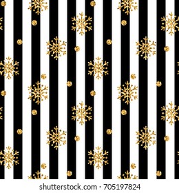 Christmas gold snowflake seamless pattern. Golden glitter snowflakes on black white lines background. Winter snow texture design wallpaper Symbol holiday, New Year celebration Vector illustration