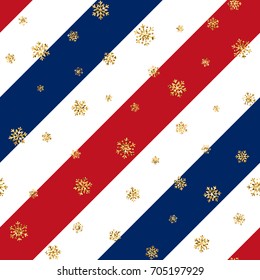Christmas gold snowflake seamless pattern. Golden glitter snowflakes, red blue white diagonal lines background Winter snow design wallpaper Symbol holiday, New Year celebration Vector illustration